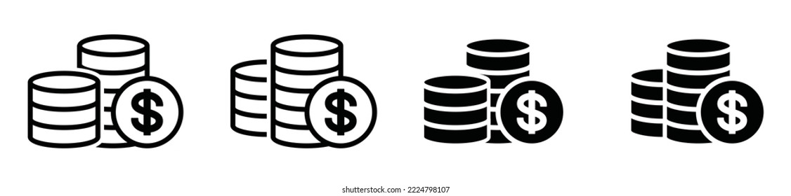 Colección de iconos de monedas. Pila de monedas con símbolo de moneda. Ilustración vectorial de monedas en estilo plano y de contorno, ilustración vectorial