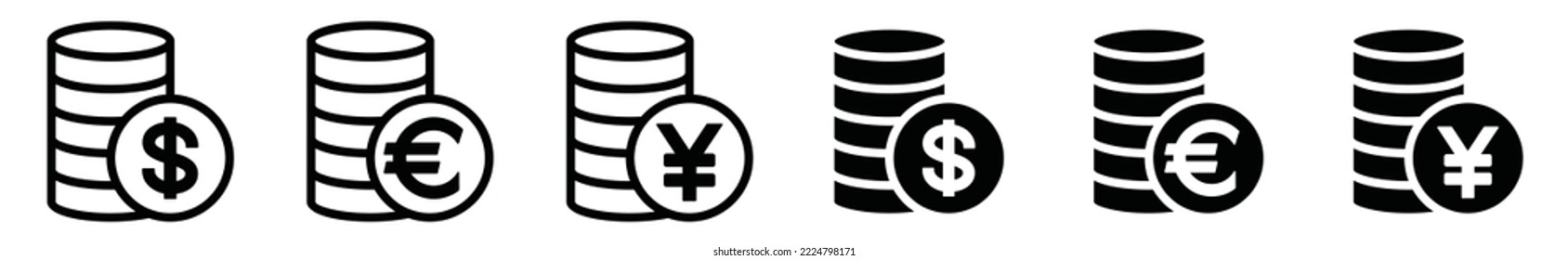 Colección de iconos de monedas. Pila de monedas con símbolo de moneda. Ilustración vectorial de monedas en estilo plano y de contorno, ilustración vectorial