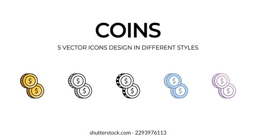 Coins Icon Design in Five style with Editable Stroke. Line, Solid, Flat Line, Duo Tone Color, and Color Gradient Line. Suitable for Web Page, Mobile App, UI, UX and GUI design.