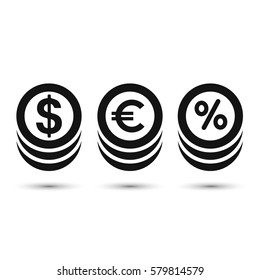 Coins icon, dollar, euro and percent coin symbol. Vector.