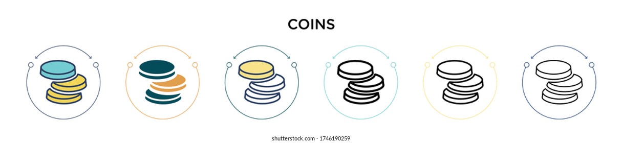 Coins Icon in gefüllt, dünne Linie, Umriss und Strich Stil. Vector Illustration von zwei farbigen und schwarzen Münzen Vektorgrafiken können für mobile, ui, web-basierte
