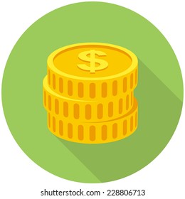 Coins icon  (flat design with long shadows)