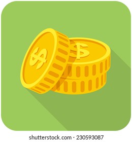 Coins icon  (flat design with long shadows)
