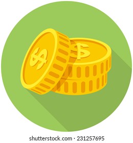 Coins icon  (flat design with long shadows)