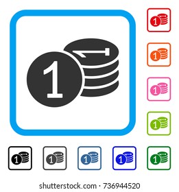 Coins icon. Flat gray iconic symbol in a light blue rounded rectangular frame. Black, gray, green, blue, red, orange color additional versions of Coins vector. Designed for web and software UI.