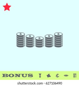 Coins icon flat. Grey pictogram on blue background. Vector illustration symbol and bonus buttons medal, cow, earth, eye, calculator