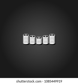 Coins icon flat. Simple White pictogram on black background with shadow. Vector illustration symbol