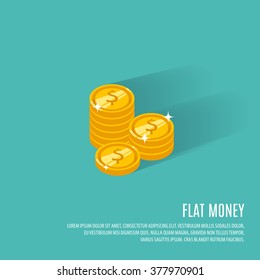 Coins icon  in a flat style isolated vector illustration. Stack of gold coins dollar flat money icon  on a colored background. EPS 10