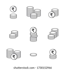 Coins icon. Gold Rupee coins. Indian Rupee coin. Vector money symbol. Bank payment symbol. World economics. Finance symbol. Currency symbol. Set of outline money. Stack of coins. Coin icon. Cash icon.