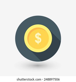 coins icon with long shadows in flat design