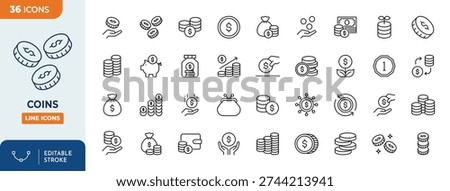 Coins icon set. Contain icons related to Coins, money, and more. Editable stroke. Vector Illustration