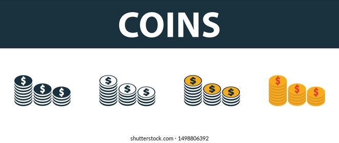 Coins icon set. Four elements in diferent styles from money icons collection. Creative coins icons filled, outline, colored and flat symbols.