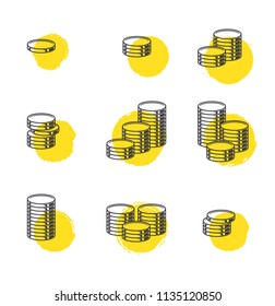 Coins Icon. Set of outline money. Coins vector icon. Finance sign. Coin currency stack icon. Currency sign - money symbol. World economics. Vector money symbol. Bank payment symbol.