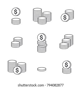 Coins Icon. Set Of Outline Money. Coins Vector Icon. Bank Payment Symbol. Cash Icon. American Dollar. Dollar Coin. Money Symbol With Dollar Sign. Dollar Sign. World Economics. Stack Of Coins. Currency