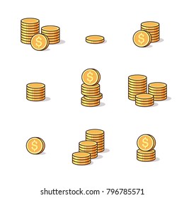 Coins Icon. Set of outline money. Coins vector icon. Bank payment symbol. Golden coins. Coin currency stack icon. Finance concept for websites, web design, mobile app, infographics. 