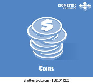 Coins icon. Stack of coins with dollar symbol. Vector 3D illustration isolated on blue background.
