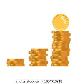 Coins icon. Stack of golden coin like income graph. Stack of coins with coin in front of it. Digital currency. Flat style gold coins isolated. Vector illustration.