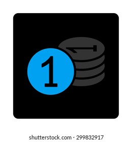 Coins icon. This flat rounded square black button uses gray and blue colors and isolated on a white background.