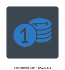 Coins icon. This flat rounded square button uses smooth blue colors and isolated on a white background.