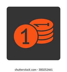 Coins icon. This flat rounded square button uses orange and gray colors and isolated on a white background.