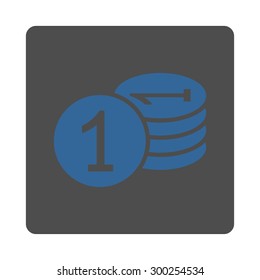 Coins icon. This flat rounded square button uses cobalt and gray colors and isolated on a white background.