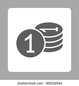 Coins icon. This flat rounded square button uses dark gray and white colors and isolated on a silver background.