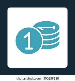 Coins icon. This flat rounded square button uses blue and white colors and isolated on a dark blue background.