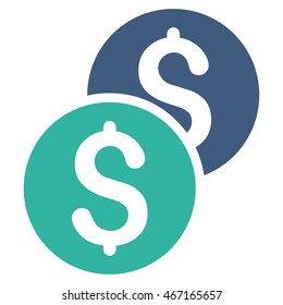 Coins icon. Vector style is bicolor flat iconic symbol with rounded angles, cobalt and cyan colors, white background.