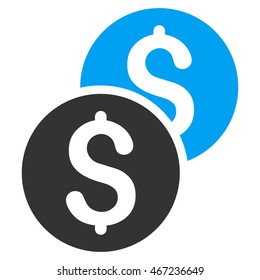 Coins icon. Vector style is bicolor flat iconic symbol with rounded angles, blue and gray colors, white background.