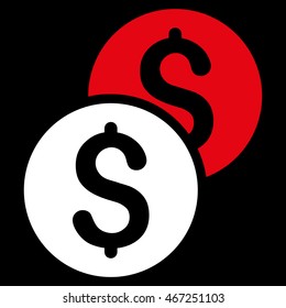 Coins icon. Vector style is bicolor flat iconic symbol with rounded angles, red and white colors, black background.