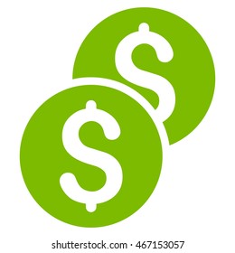 Coins icon. Vector style is flat iconic symbol with rounded angles, eco green color, white background.