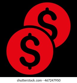 Coins icon. Vector style is flat iconic symbol with rounded angles, red color, black background.