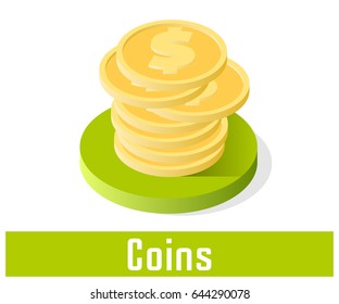 Coins icon, vector symbol in flat isometric style isolated on white background.