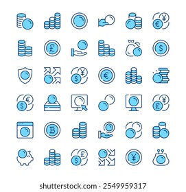 Coins icons. Outline symbols. Vector blue line icons set