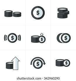 Coins Icons Set, black and white