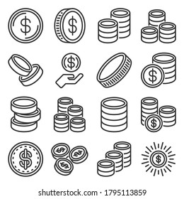 Coins Icons Set on White Background. Vector