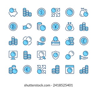 Lot of coins icons set. Vector line icons. Blue color outline stroke symbols. Modern concepts