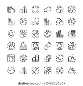 Coins icons set. Vector line icons. Black outline stroke symbols