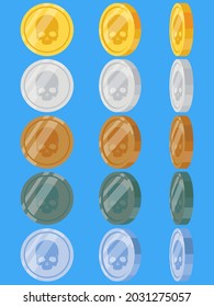 Coins with the image of a skull. Gold, silver, and bronze coins. Pirate treasures. Vector illustration