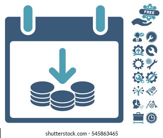 Coins Income Calendar Day icon with bonus options icon set. Vector illustration style is flat iconic symbols, cyan and blue, white background.