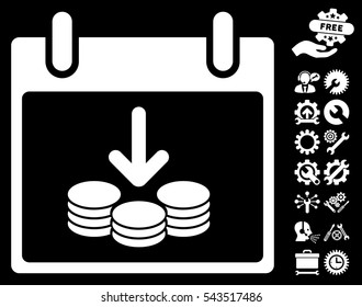 Coins Income Calendar Day pictograph with bonus configuration pictograph collection. Vector illustration style is flat iconic symbols, white, black background.