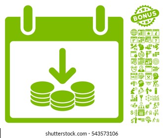 Coins Income Calendar Day pictograph with bonus calendar and time management pictures. Vector illustration style is flat iconic symbols, eco green, white background.