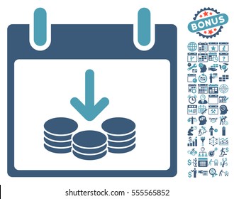 Coins Income Calendar Day pictograph with bonus calendar and time management pictograms. Vector illustration style is flat iconic symbols, cyan and blue, white background.