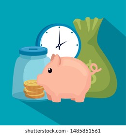 coins inside glass bottle with piggy and bag