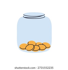 Moedas dentro frasco de vidro. Economizando dinheiro. Conceito de orçamento, financiamento e investimento. Depósito em dinheiro, caridade, recipiente de doações. Coletando dicas, mude. Ilustração de vetor plano isolada no plano de fundo branco