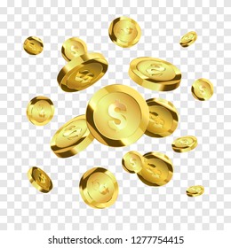 Coins isolated on checkered background. Gold coins explosion vector illustration. Jackpot concept.