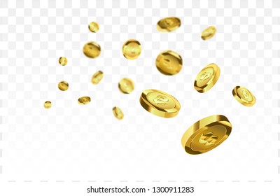 Coins isolated on checkered background. Gold coins explosion vector illustration. Jackpot concept.