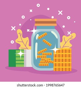 Coins jar with bills and leaves of money design