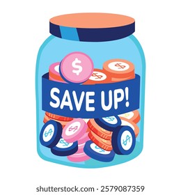 Coins jar with save up text, flat sticker 