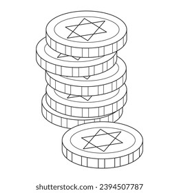 Coins, Jewish coins. Happy Hanukkah Illustration. Coloring page. Line Art.